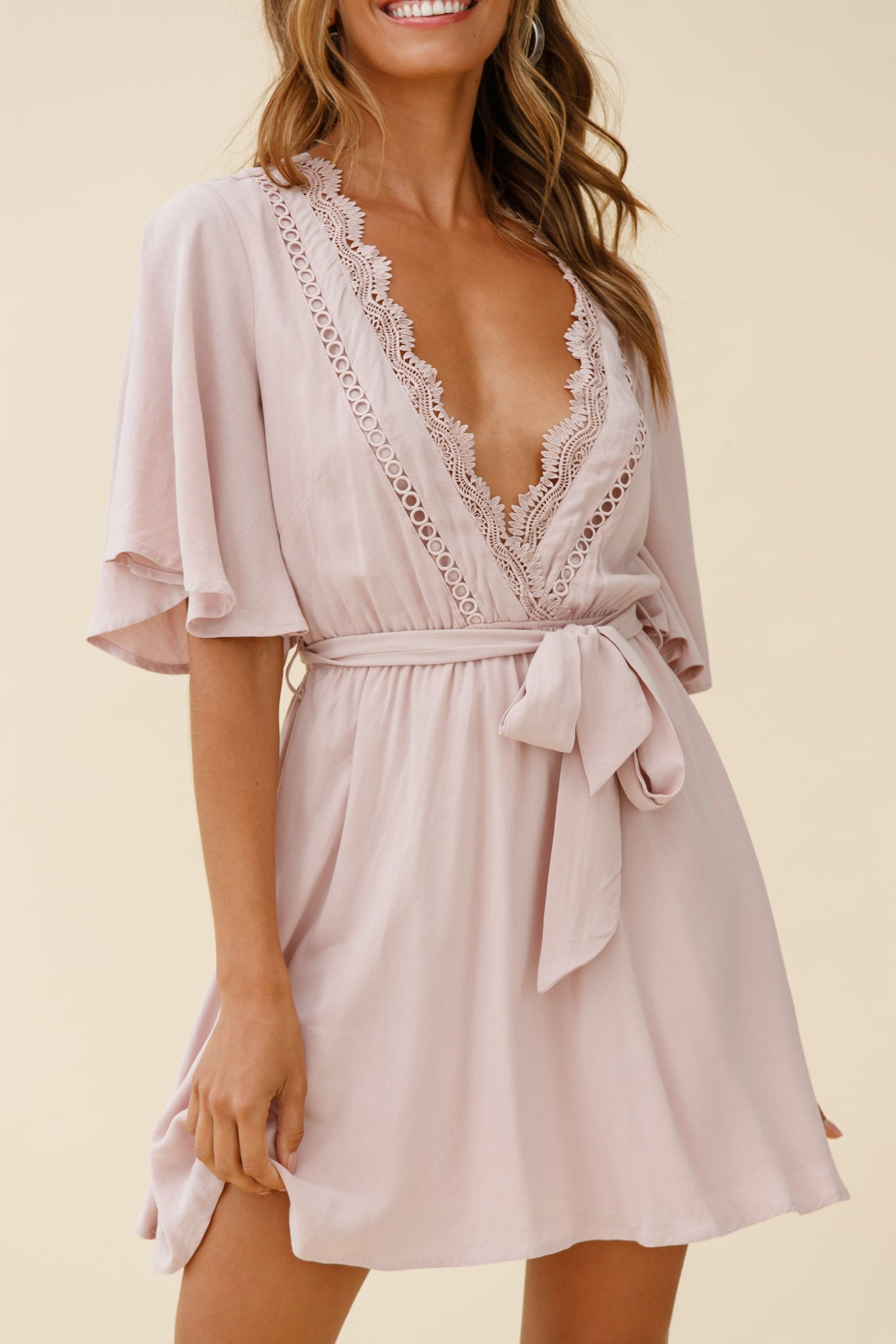 Angela Lace-Trimmed Bust Angel Sleeve Dress Mocha