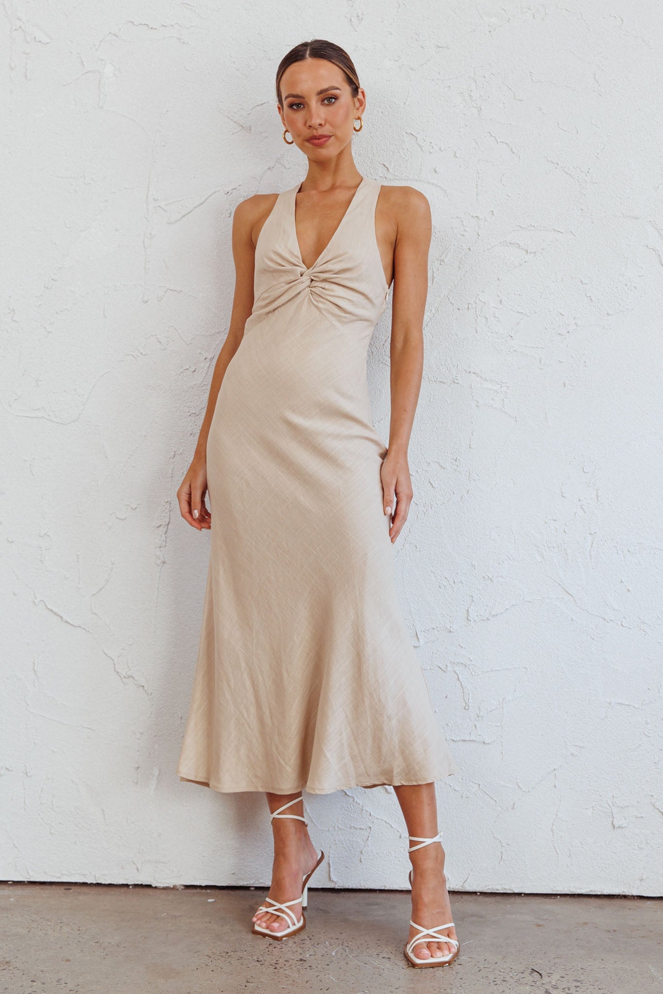 Coastal Charm Twist Back Maxi Dress Oat